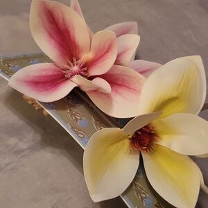 Piper K Pink and Yellow Silk Plumeria Hair Scrunchie Ls